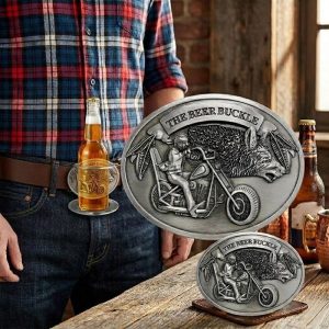 The beer buckle holding a bottle at the waist