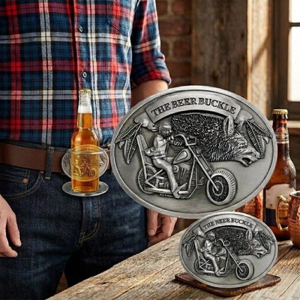 The beer buckle holding a bottle at the waist