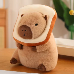 Capybara plush wearing a slice of bread around its head