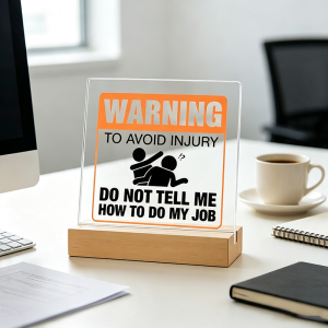 The warning desk sign on an office desk