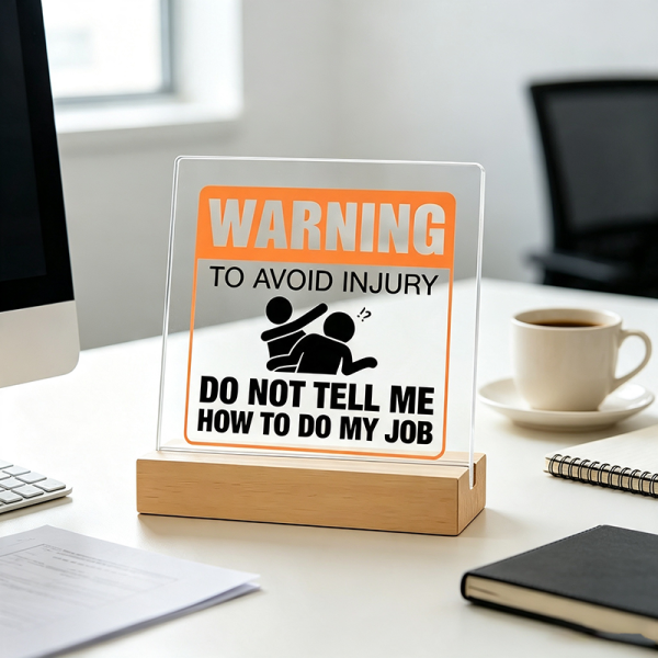 The warning desk sign on an office desk