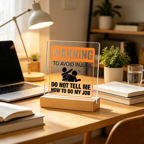 The warning sign at a home desk