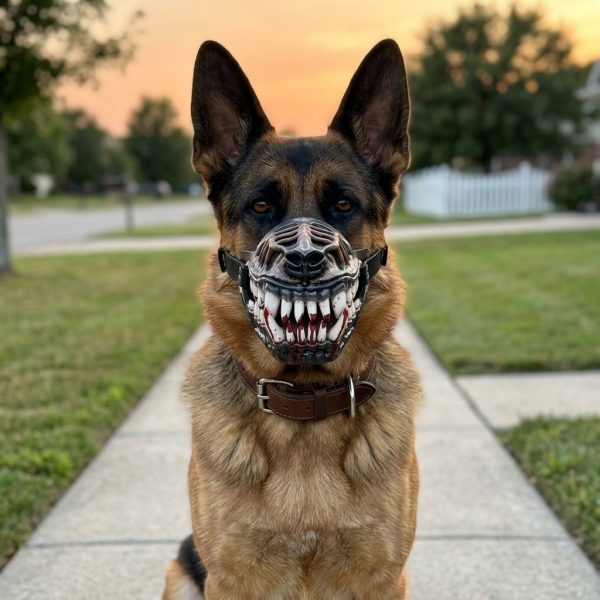 German shepherd in the werewolf muzzle