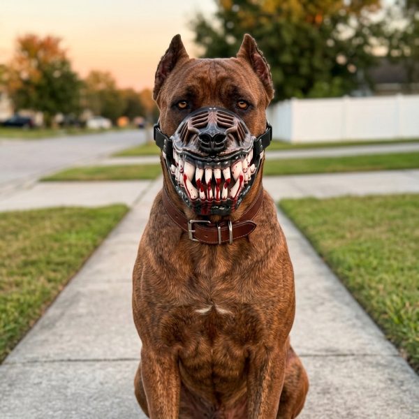 Dog wearing the werewolf muzzle on a walk