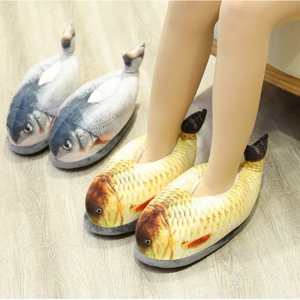 Golden carp slippers seen from the front