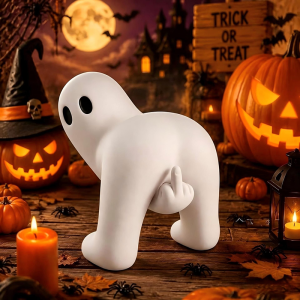 The bowing ghost ornament flipping the finger among pumpkins