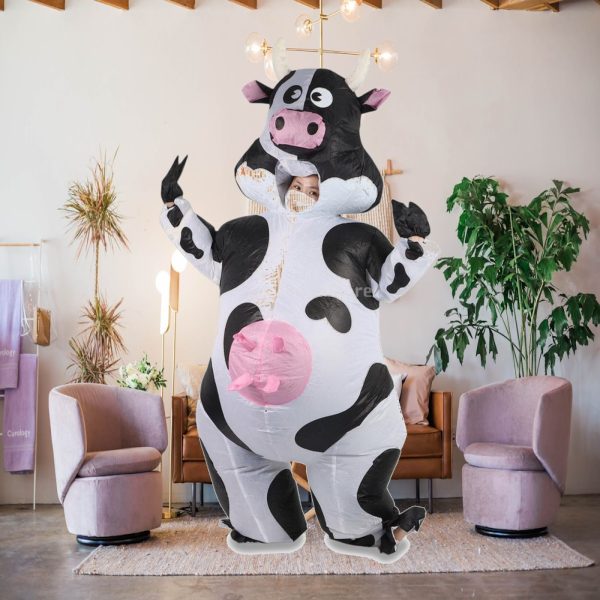 Inflatable cow costume worn by an adult