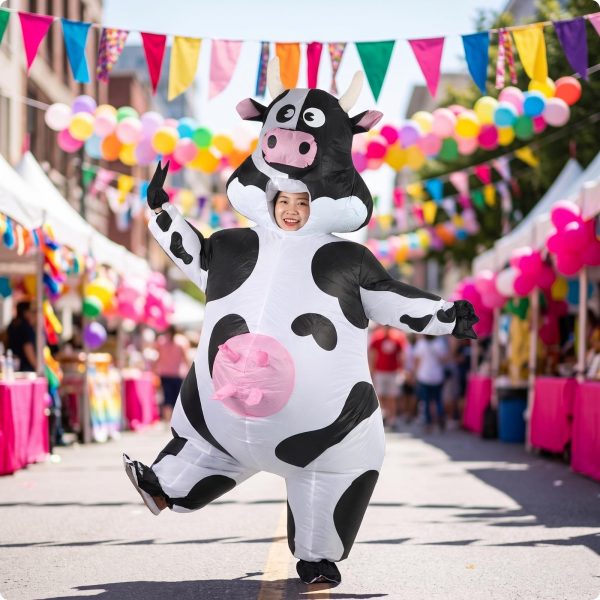 Inflatable cow costume worn by an adult