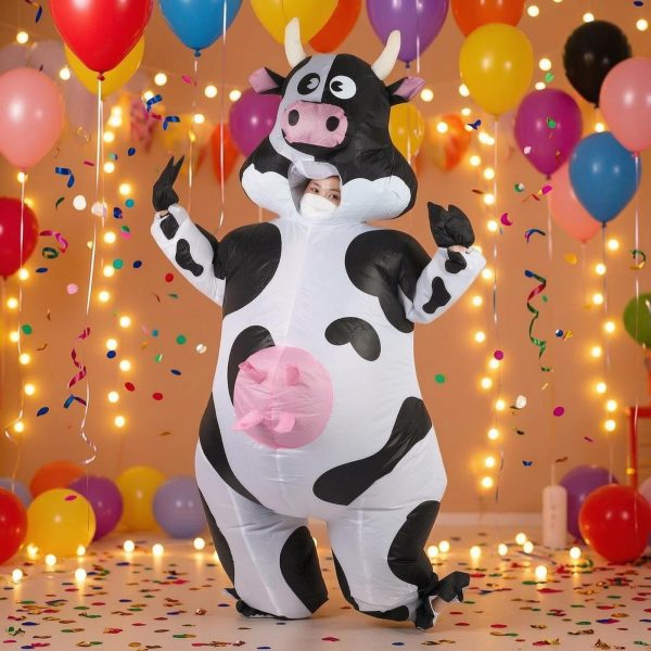 Inflatable cow costume worn by an adult