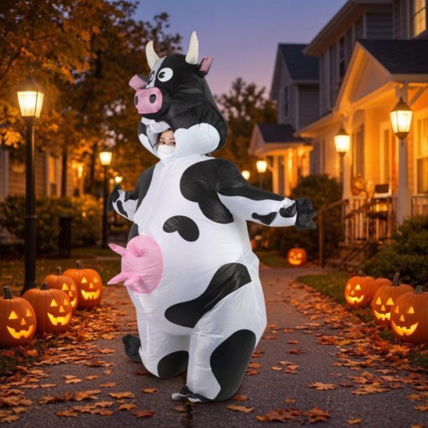 Inflatable cow costume worn by an adult