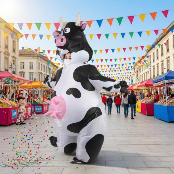 Inflatable cow costume worn by an adult