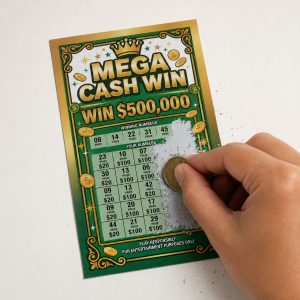 Scratching the fake winning lottery ticket with a coin