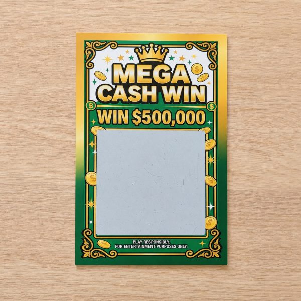The fake Mega Cash Win lottery ticket on a table