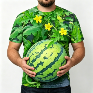 Holding the printed watermelon belly on the tee