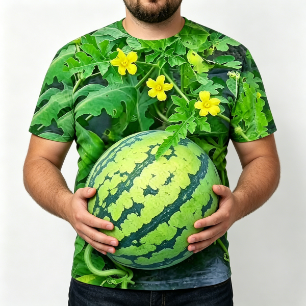 Holding the printed watermelon belly on the tee