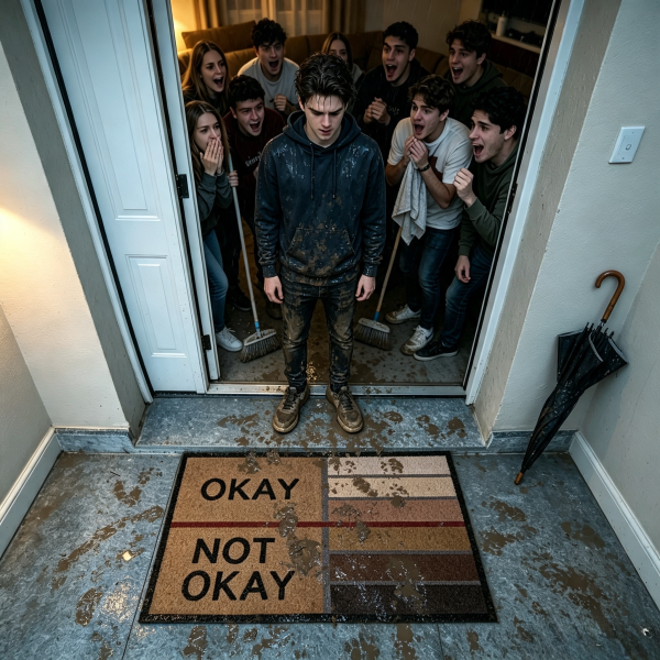 Guests lined up at the OKAY doormat