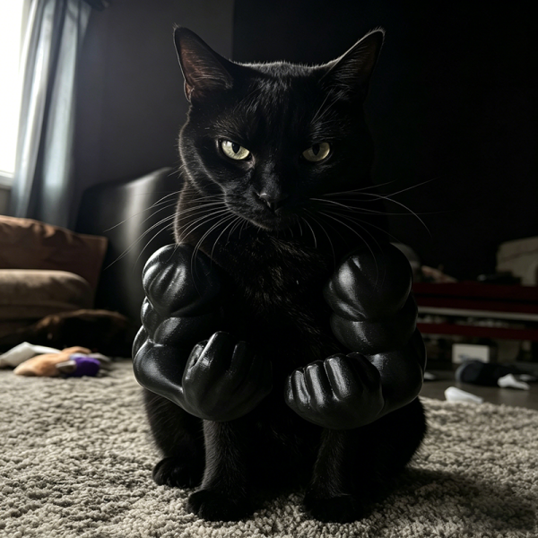Black cat with black muscle arms