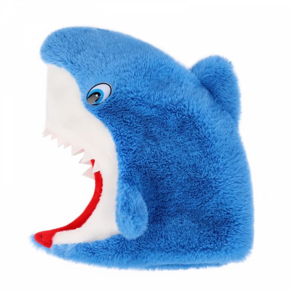 The plush shark head hat from the side
