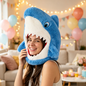 Wearing the plush shark head hat at a party