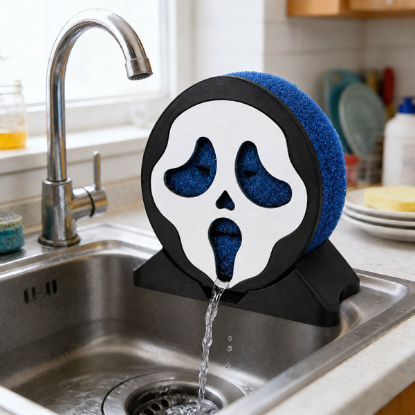 Blue sponge screaming ghost by the sink