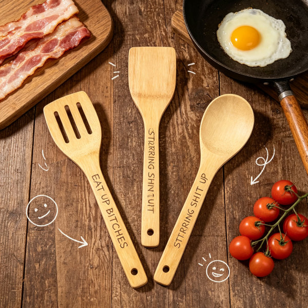 Sweary spoons on a chopping board