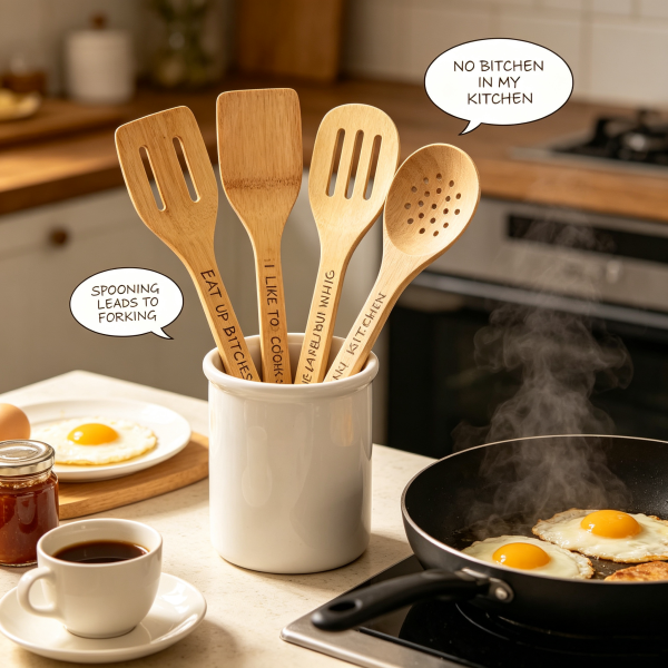 The engraved spoons in a utensil pot