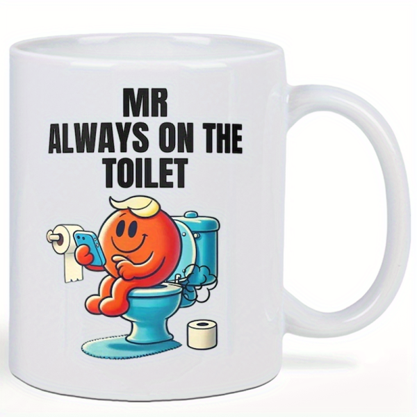 The Mr Always On The Toilet mug seen from the front