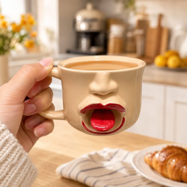 Holding the tongue mug with coffee