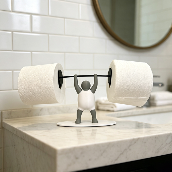 Weightlifter toilet paper holder in the bathroom