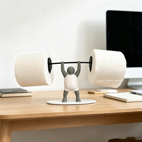 Weightlifter toilet paper holder in the bathroom