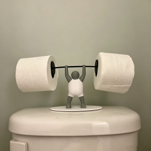 The weightlifter toilet paper holder lifting two rolls