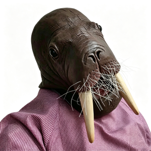 The walrus mask worn, seen from the front