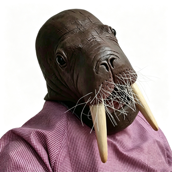 The walrus mask worn, seen from the front