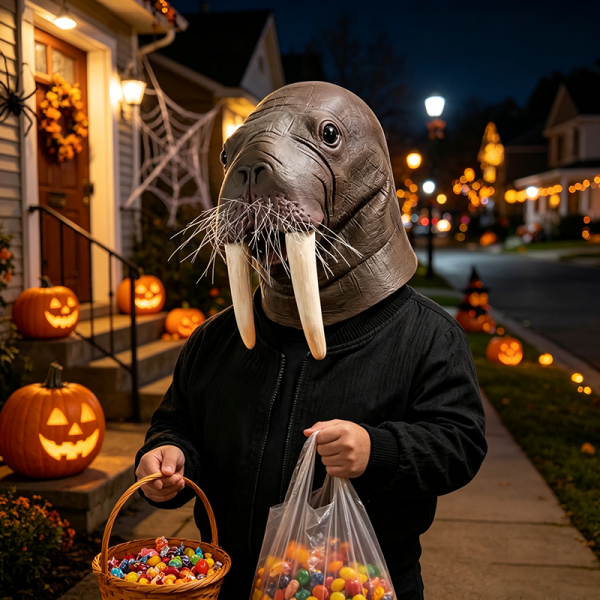 The walrus mask out trick or treating
