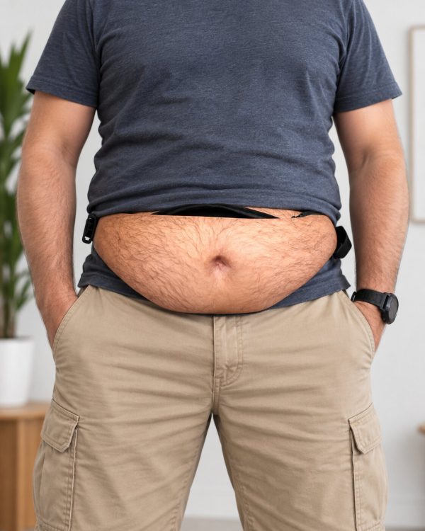 Beer belly bag worn indoors with a t-shirt and chinos
