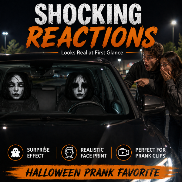 Scary face headrest covers seen through a car windscreen at night