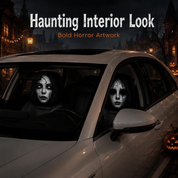 Headrest covers giving the car a haunted look after dark