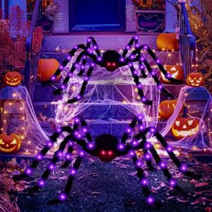 Giant furry spider with glowing red eyes on a web