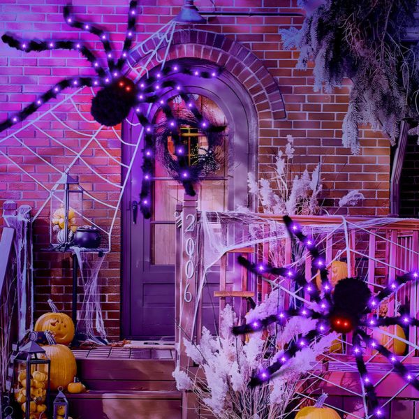 Giant furry spider with glowing red eyes on a web