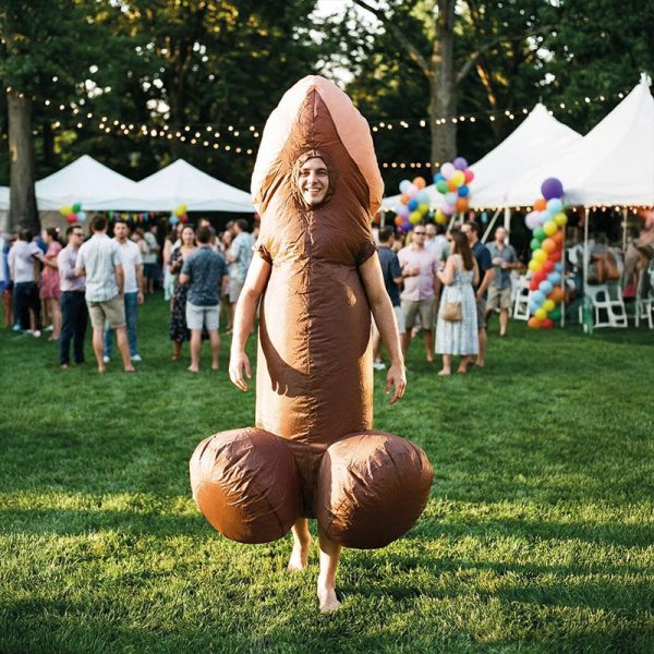 Inflatable adult joke costume at a party