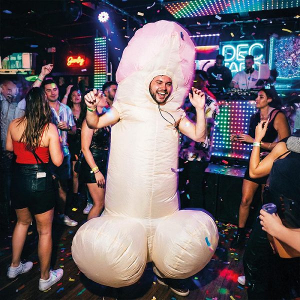 Inflatable adult joke costume at a party