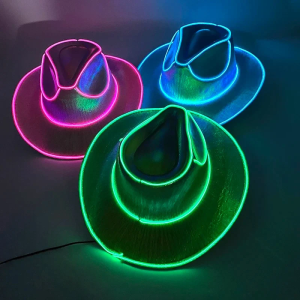 Cowboy hat with glowing fibre optic edge lighting