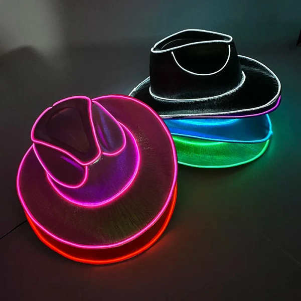 Cowboy hat with glowing fibre optic edge lighting
