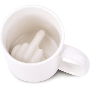White mug with a sculpted middle finger inside