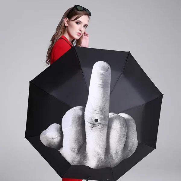 Black folding umbrella printed with a middle finger