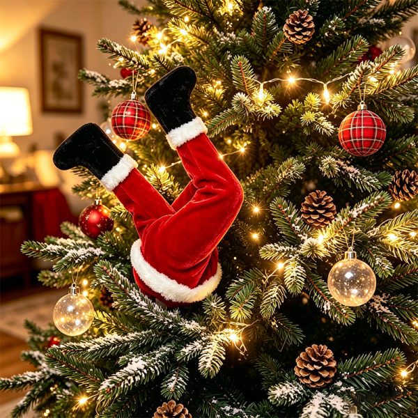 Santa legs sticking out of a Christmas tree