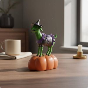 Goat figurine in a witch hat standing on a pumpkin