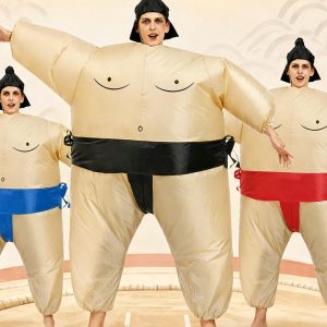Inflatable sumo suit worn by three people