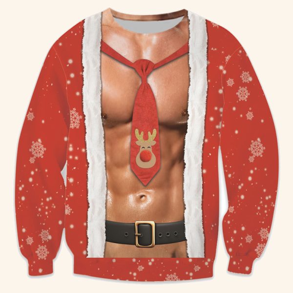 Santa sweater with printed abs and a reindeer tie