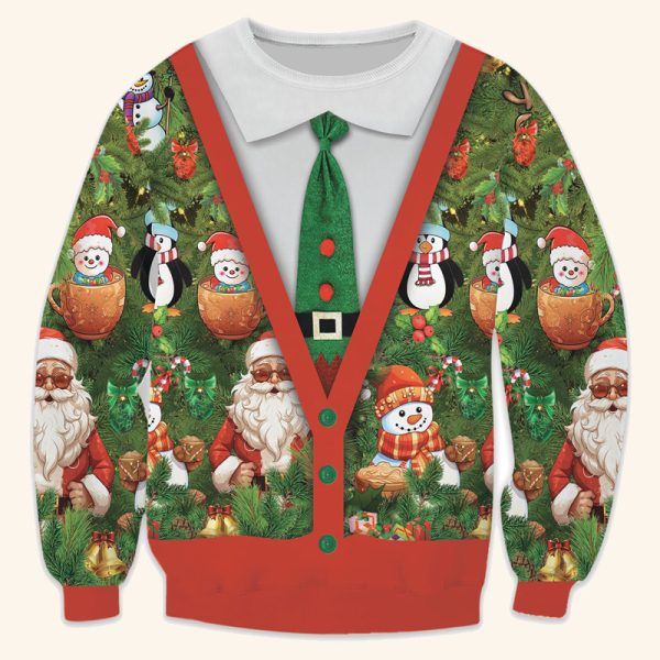 Green Christmas cardigan sweater with santas and a knitted tie
